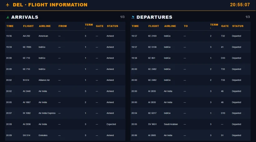 A live arrivals and departures board rendered by DigiSign's flight data app.