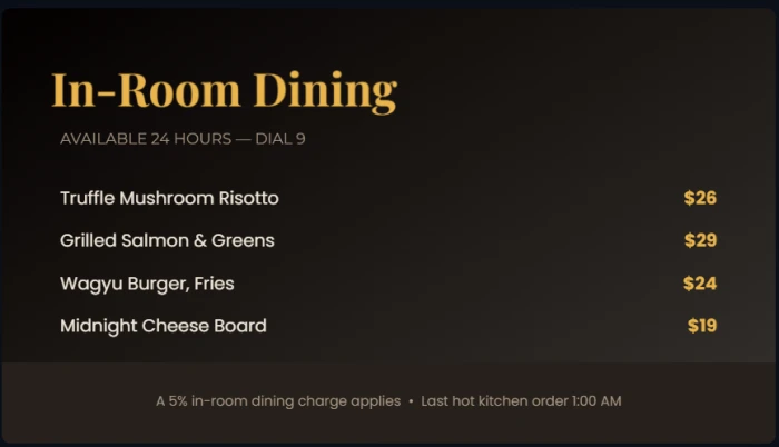 A polished in-room dining menu composed for a hospitality screen.
