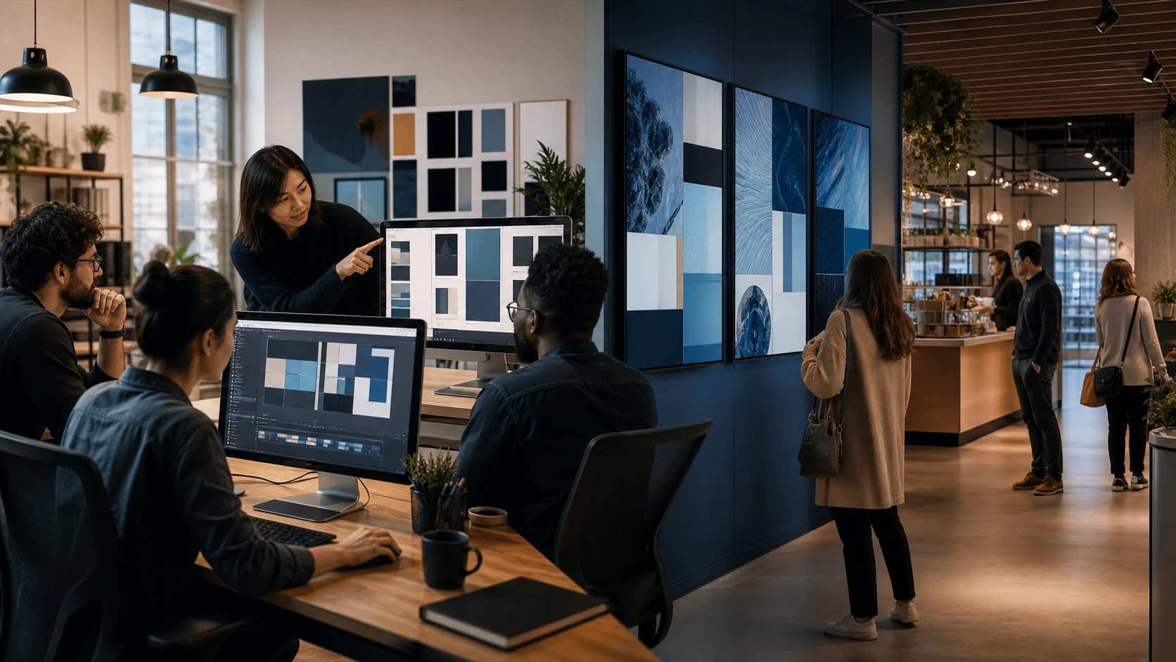 A DigiSign product team connected to finished content playing on screens in a customer venue.