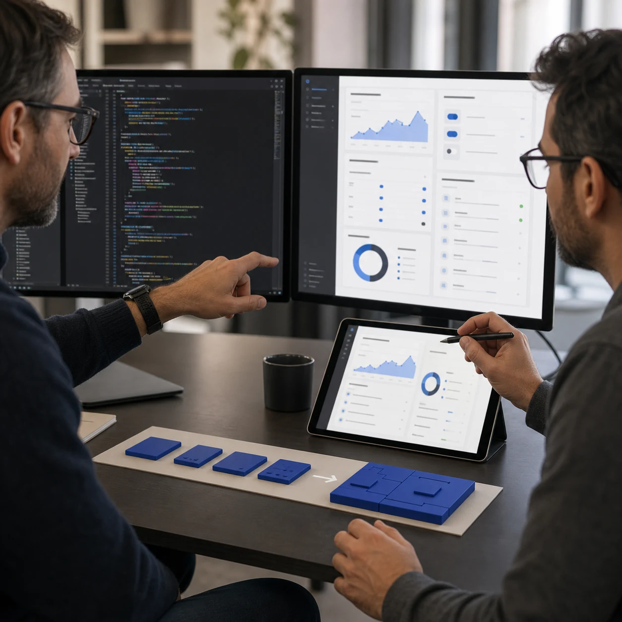 Two engineers reviewing application code beside a working product and a sequence of completed software modules.