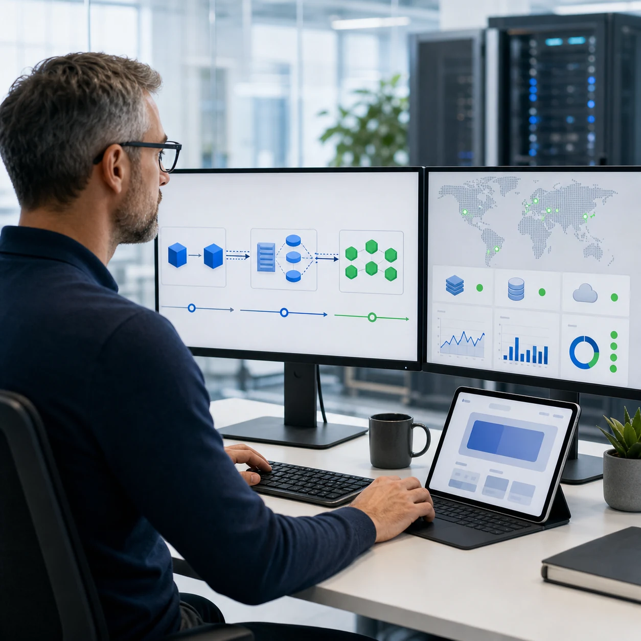 An engineer supervising a staged release, global service health, and a live application across connected screens.