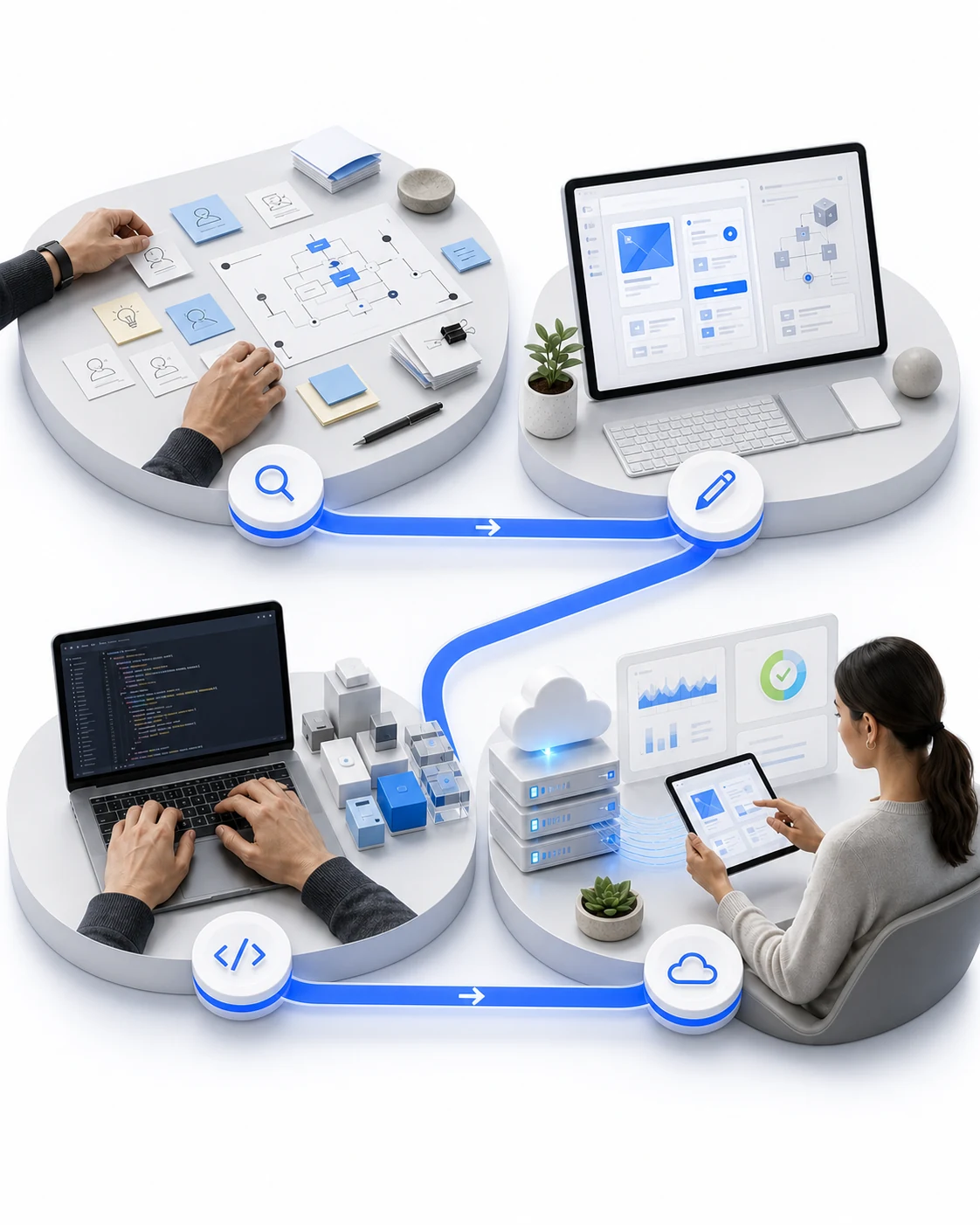 A connected software delivery flow showing discovery planning, interface design, engineering, and a monitored cloud product in use.